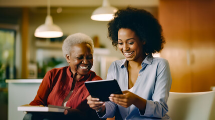 Woman smiles as she looks at tablet while another woman looks on.