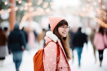 A cheerful young woman in winter attire smiles brightly in a festive city atmosphere