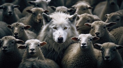 A wolf among a flock of sheep. Concept of identity and difference. ai generated - obrazy, fototapety, plakaty