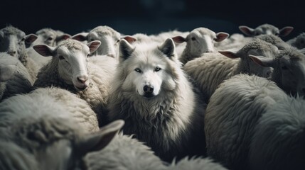 Obraz premium A wolf among a flock of sheep. Concept of identity and difference. ai generated
