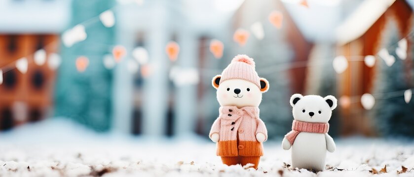 Two adorable stuffed bears dressed in winter clothing standing in a snowy setting