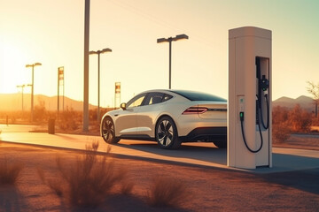 Charging station for electric cars on a deserted highway. - obrazy, fototapety, plakaty
