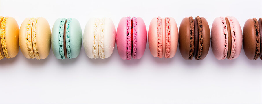Macarons cakes on white background. Colorful delicious french macarones wide banner