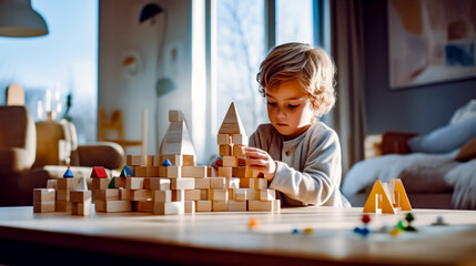 Young child playing with wooden blocks on table in front of window. - obrazy, fototapety, plakaty