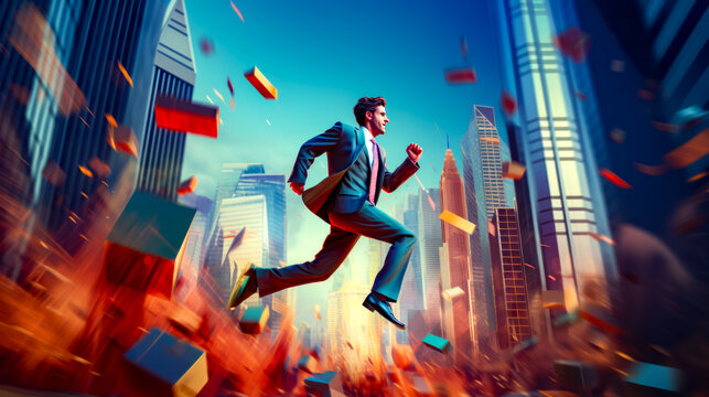 Man in suit is running through the air in front of city.