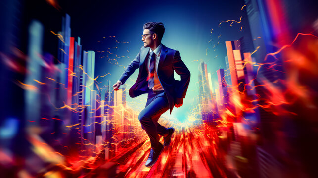 Man in suit and tie is running through city at night. - Powered by Adobe
