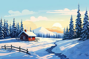 cozy wooden house on winter landscape illustration