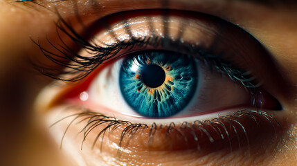 Close up of person's eye with blue and yellow iris.