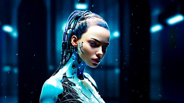 Woman In Futuristic Suit With Robot Head On Her Head And Robotic Arm Around Her Neck.