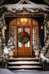 Christmas wreath on the front door of a house covered with snow.