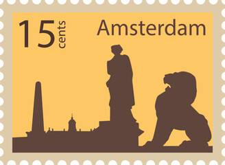 Flat colorful detailed postcard stamp with LION STONE STATUE famous landmark and symbol of the Dutch city of AMSTERDAM, NETHERLANDS