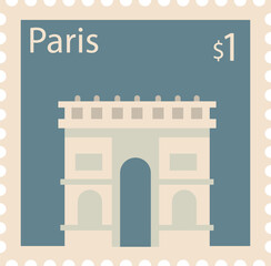Obraz premium Flat colorful detailed postcard stamp with ARC DE TRIOMPHE famous landmark and symbol of the French city of PARIS, FRANCE