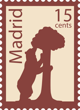 Flat colorful detailed postcard stamp with EL OSO Y EL MADRO&Ntilde;O (STATUE OF THE BEAR AND THE STRAWBERRY TREE) famous landmark and symbol of the Spanish city of MADRID, SPAIN