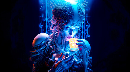 Woman holding glass in her hands with light shining on her face.