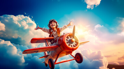 Boy in pilot's outfit is sitting on top of airplane. - obrazy, fototapety, plakaty