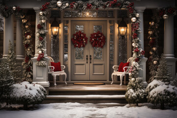 Christmas porch with a wreath of poinsettia on the door.