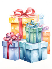 Watercolor illustration of colorful gift boxes on white background
