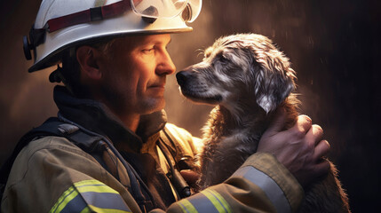  Firefighter holds a dog in his hands. Hero rescued pet - obrazy, fototapety, plakaty