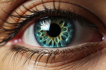 Perfect blue eye with heterochromia, macro shot, the vision of the future and healthy life concept