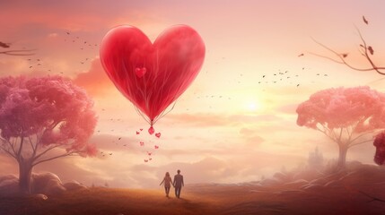 Fototapeta premium Illustration of a red heart-shaped hot air balloon with a loving couple
