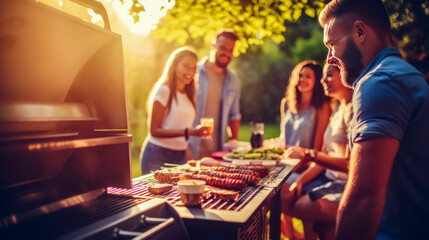Group of people standing around bbq grill with food on it.