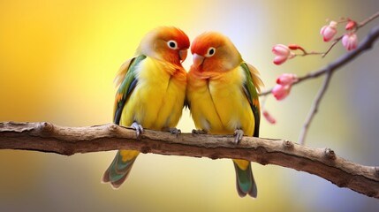 two love birds perched on a branch, a heartwarming portrait
