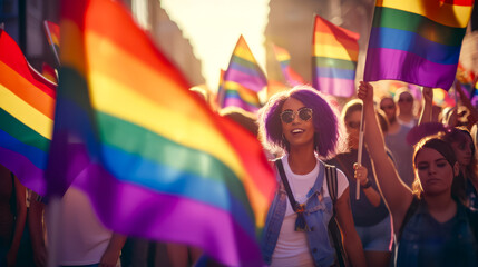 Woman holding rainbow flag in group of other people holding rainbow flags. - obrazy, fototapety, plakaty