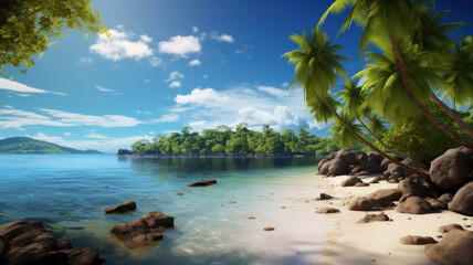 Fototapeta premium Coconut palms on a sunny tropical sandy beach and turquoise ocean. Amazing nature landscape. Stunning beach scenery, peaceful and inspiring travel destination.