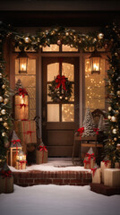 Fototapeta na wymiar Beautiful decorated porch with christmas tree, gifts and lanterns.