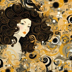 Stylish portrait of a fake girl with a pattern of yellow gold blue circles and dots on a black background. Stylish trendy background. Design element