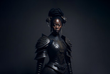 Beautiful black samurai woman. African american lady with armor warrior attire