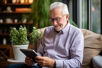An elderly European man listens and browses the Internet and social networks on a modern tablet while sitting at home.