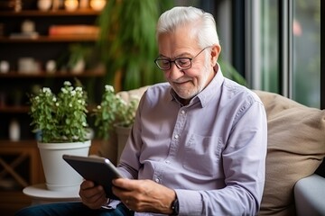 Obraz premium An elderly European man listens and browses the Internet and social networks on a modern tablet while sitting at home.