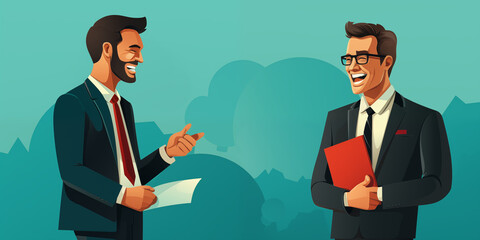 Attraktive Geschäftsmänner als Cartoon im Anzug mit Bart und Brille lacht mit offen Mund im Querformat für Banner, ai generativ