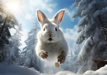 Arctic white hare moves with agility in the snowy landscape. Winter time. AI generative