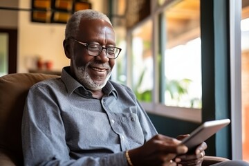 lderly black man reading news on tablet while sitting in living room at home - obrazy, fototapety, plakaty