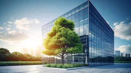 Foto op Aluminium Eco-friendly building in the modern city. Sustainable glass office building with tree for reducing carbon dioxide. Office building with green environment. Corporate building reduce CO2 © Alin