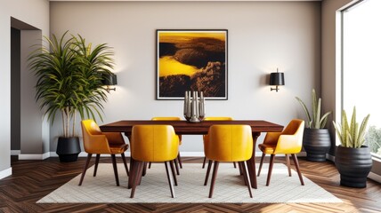 Interior design inspiration of Mid-Century Modern Retro style home dining room loveliness decorated with Wood and Leather material and Statement artwork .Generative AI home interior design .