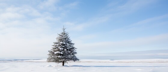 A lone pine tree stands amid a vast, snow-covered field under a blue sky