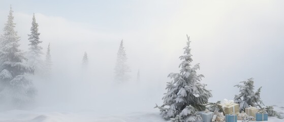 Fototapeta na wymiar Snow-laden pine trees and Christmas gifts stand in a soft, wintry mist