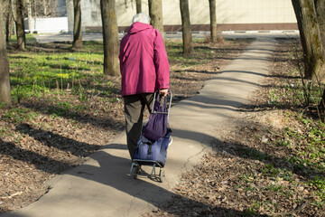 Woman is carrying cart. Pensioner walks through park. Elderly man goes to store.