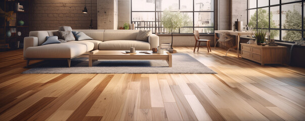 Beautiful living room interior in luxury house with wood floor concept. - obrazy, fototapety, plakaty