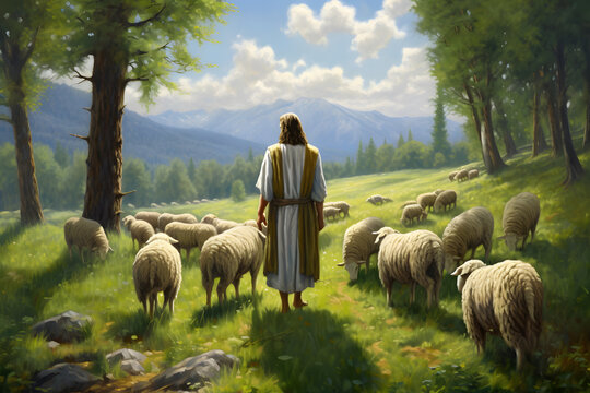 Jesus Christ, the good shepherd and sheep at the grove. AI generative
