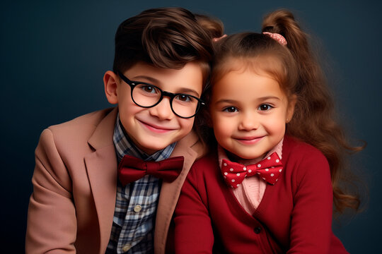 Funny And Elegant Couple Friends 5 Year Old In Glasses Poses In The Studio. Looking At Camera On Bright Background