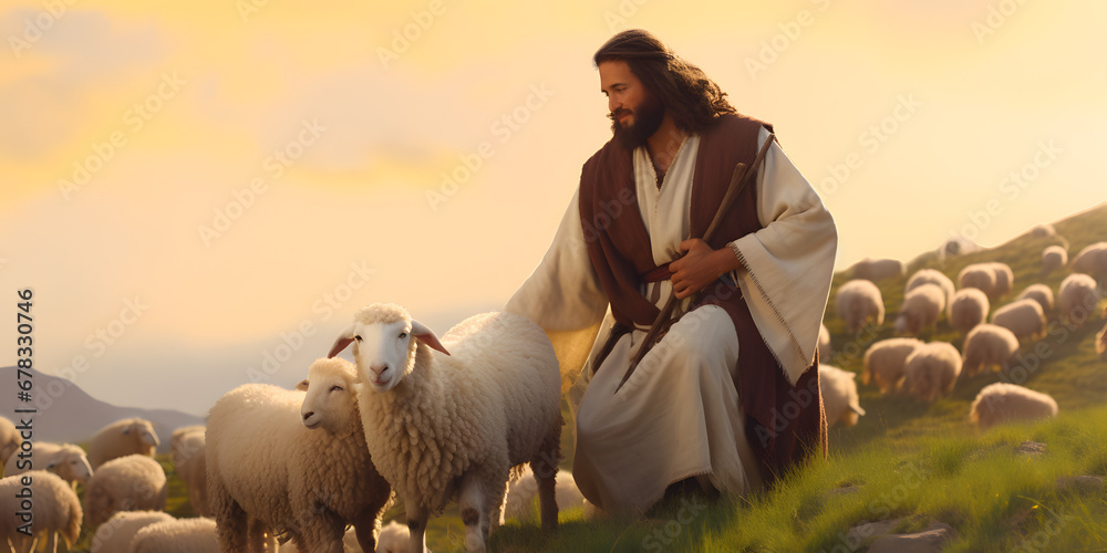 Wall mural Jesus Christ, the good shepherd and sheep at green hill. AI generative - Wall murals