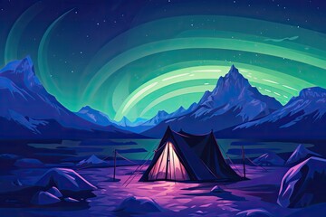 camping adventure tent in forest mountain view aurora borealis polar lights illustration