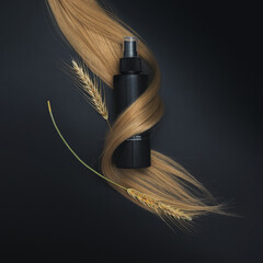 Blond long hair with Hair care spray and sprigs of ripe wheat. Healthy hair. Black background. Hair tools, beauty and hairdressing concept. Hair care, healthy hair