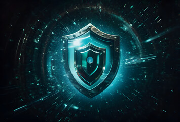 Shield with circuit pattern. Concept of data security, cybersecurity, cyber defense.