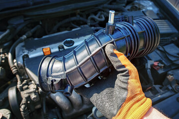 Air intake hose replacement, new spare parts. Air intake hose repair, fixing problems. New rubber...
