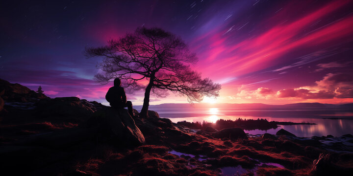 Grandioses Nordlichter Spiel in lila und Pink mit atemberaubender Landschaft im Querformat f&uuml;r Banner, ai generativ